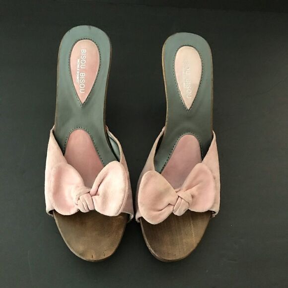 Vintage pink suede bow wood slides Bisou disco - Picture 5 of 7